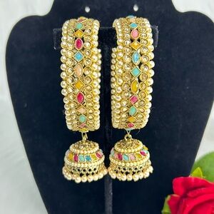Elegant Gold and Multicolor Set Of 2 Jhumka Bangles